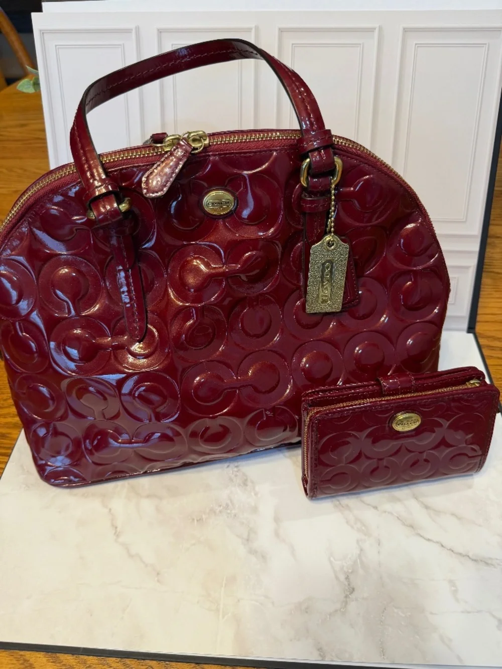 Coach Red Patent Leather Embossed Signature Dome Satchel & Matching Wallet Set